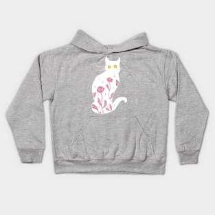 White kitty with pink flowers Kids Hoodie